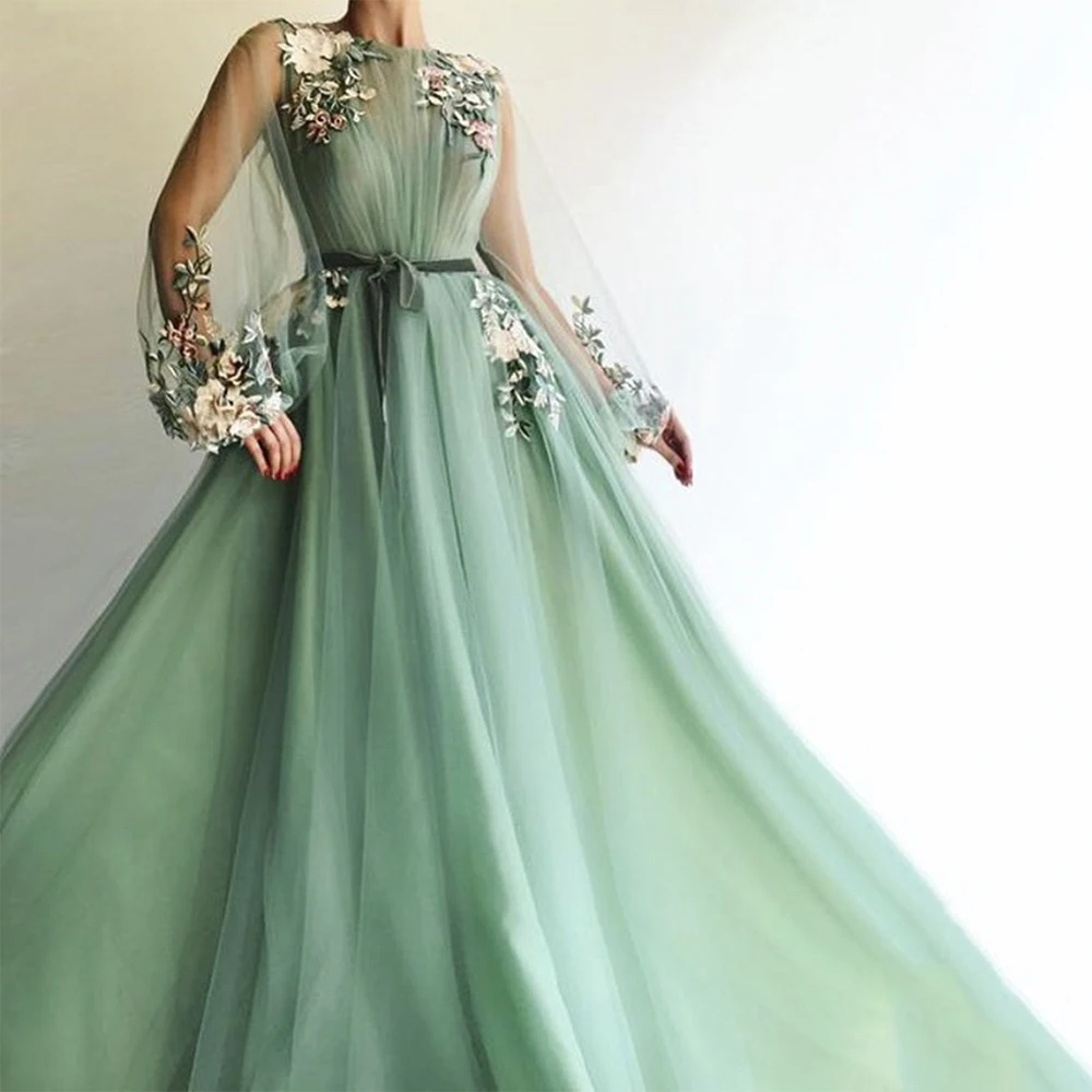 

Lace Applique O Neck Wedding Prom Dresses 2021 Long Puff SleevesTulle Sash Pleats Ball Gown Evening Party Dress vestidos de