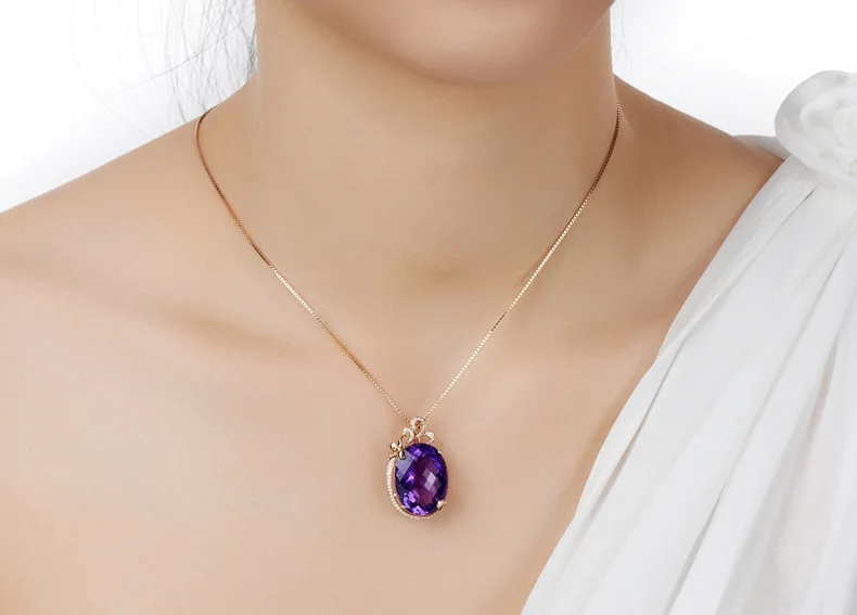 14K Rose Gold 45 Cm Necklace Jewelry Real Amethyst Pendant Bizuteria Female Amethyst Pendant Gemstone Chalcedony Jewelry Girls