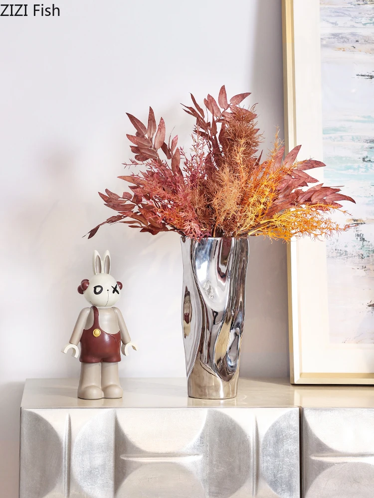 Ceramic Vase Silver Flower Vase Mirror Surface Warped Abstract Flower Arrangement Ceramic Bottle Home Decoration Ornaments 4