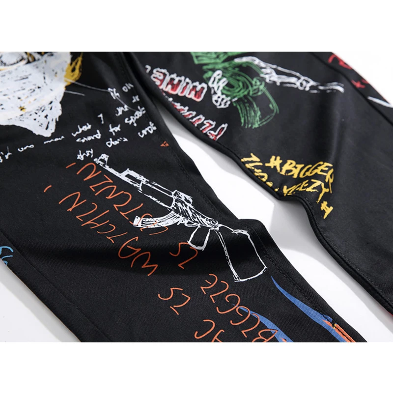 Promo Aolamegs Jeans Men Broken Flame Print Retro Style Denim Cool Letter Print Tight Casual All-match Hip Hop Style Jeans Streetwear