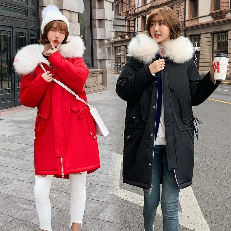 

Parka Women's Brushed And Thick-Style Cotton Coat Women's Mid-length Lambs Wool Cotton-padded Jacket 2019 New Style Korean-style