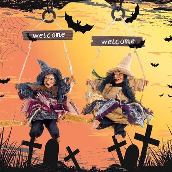 

Besegad Hanging Witch Wizard Broomstick Horror Ghost Witch Hanging Doll Welcome Board Toy for Garden Bar Halloween Decorations