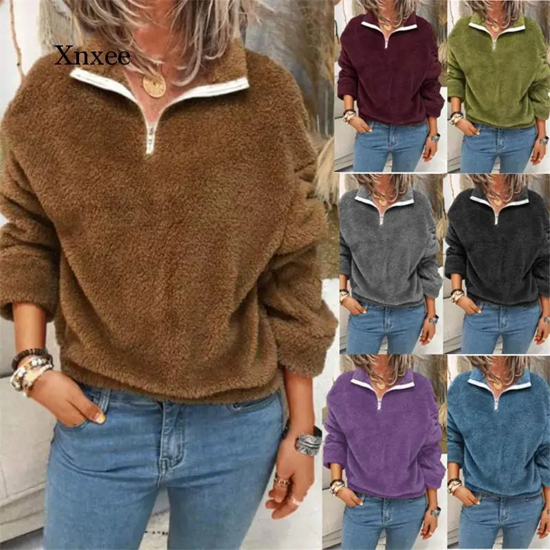 

Women Long Sleeve Zipper Stand Collar Fleece Sweater Spring Fashion Plush Streetwear Casual Pullovers Tops Autumn Coat