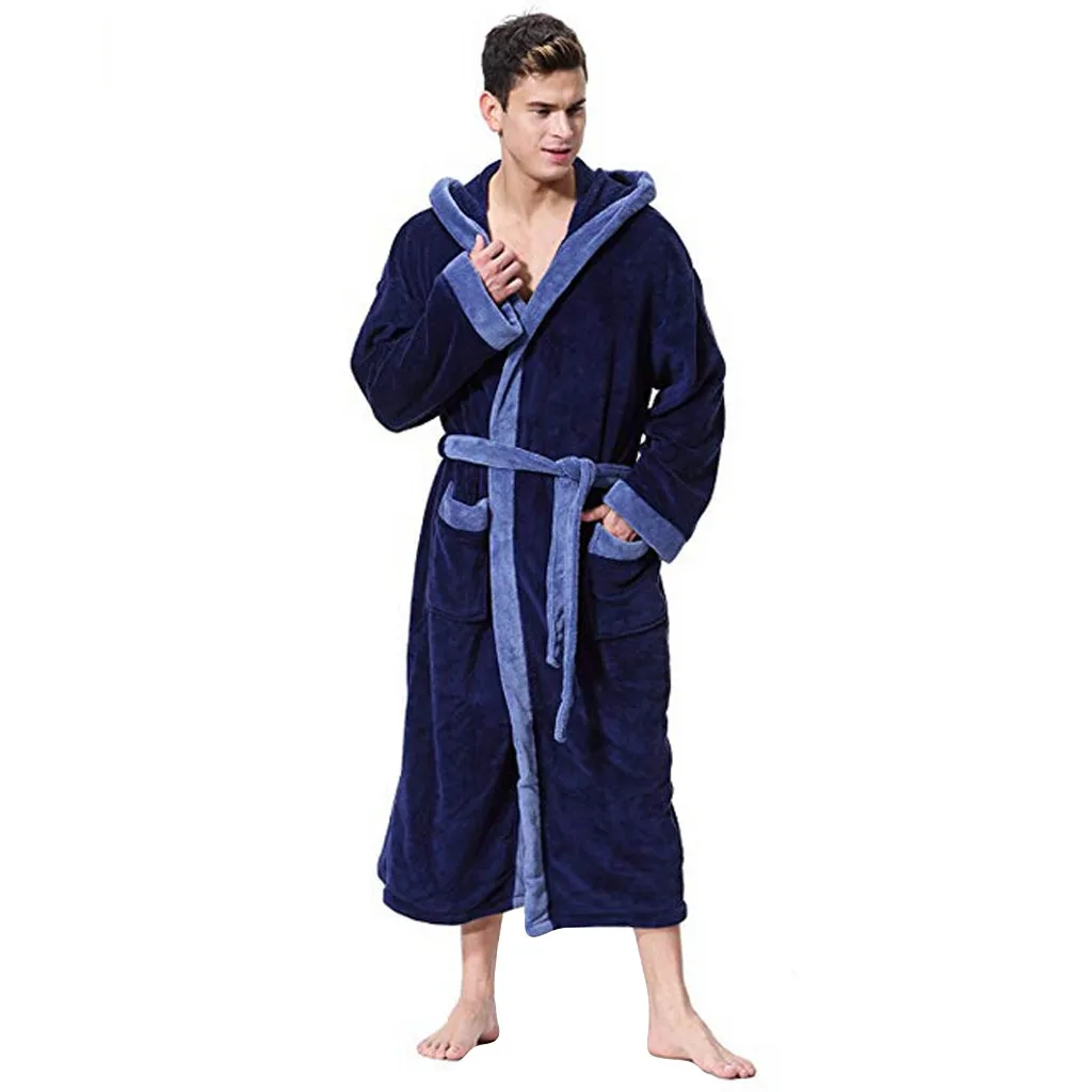 hooded Bathrobe men robe sleepwear Plush winter Lengthened Patchwork Long Sleeve Robe badjas d90914