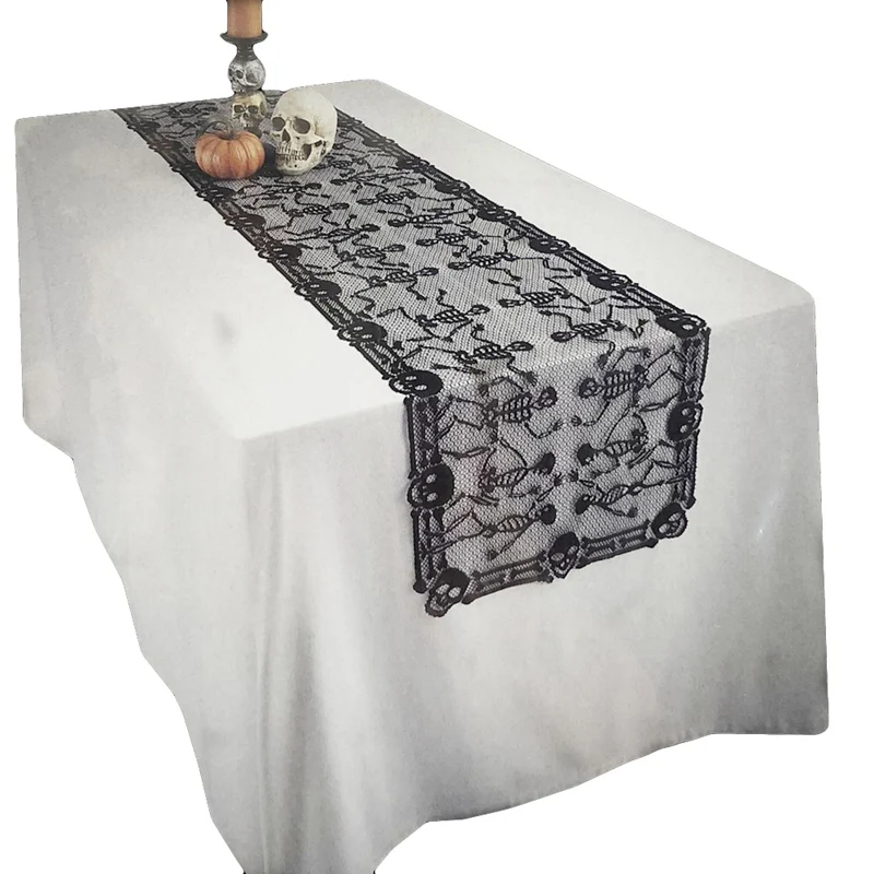 

New Halloween Skull Table Runner Banquet Black Lace Table Runner Skeleton Halloween Table Runner Decor for Ghost Festival Party