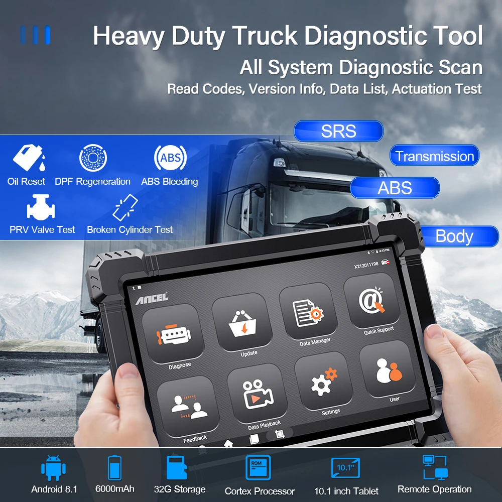 ANCEL X7 HD Heavy Duty Truck Scanner 24V Full System EPB ABS Oil Reset SAS D.PF Regen TPMS ECU OBD2 Diagnostic Tools