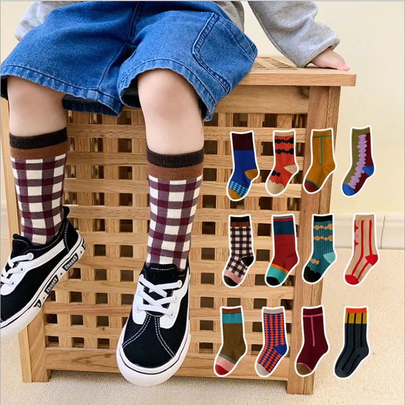 

4pairs New 1-8 Y Child Socks Autumn Winter Color Striped Children's Pile Student Kids Boys Girls Tube Socks