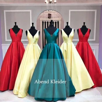 

Long Green Red Yellow Thick Satin Graduation Women Prom Dresses 2020 V Neck with Straps Party Gowns Robe De Princesse Femme