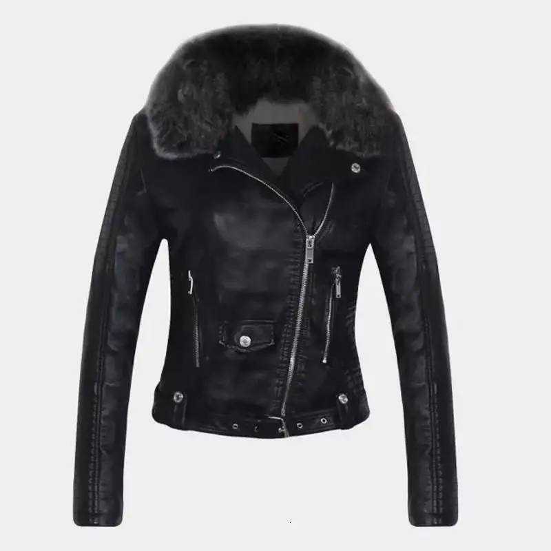 Women Winter Faux Leather Jackets Motorcycle Biker Leather Coats Warm With Fur Collar Short Jackets
