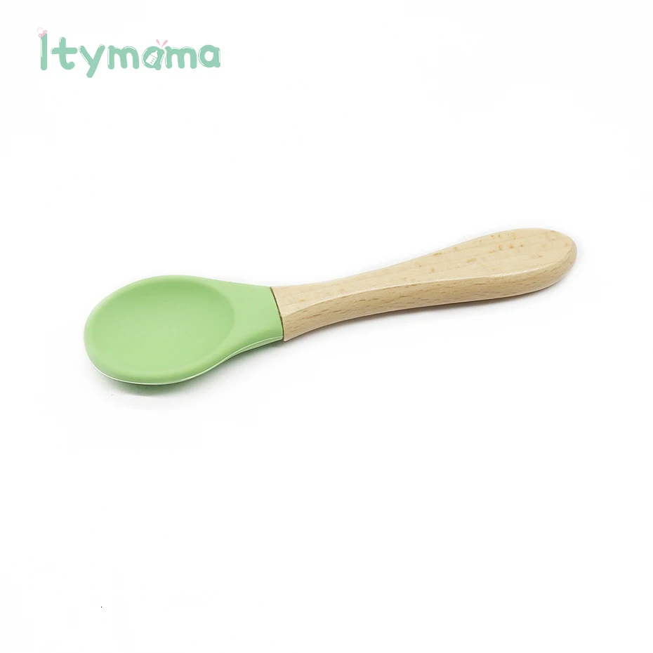 Itymama Детские Обучающие ложки из бука, Органическая Мягкая силиконовая для кормления малышей, ложка с кончиком, инструменты, совок, удобная рукоятка для малышей, не содержит бисфенол