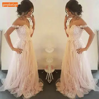 

Elegant Pink Prom Dresses Long 2020 Off Shoulder Lace Applique Banquet Evening Gowns A Line Tulle Custom Made Formal Party Dress