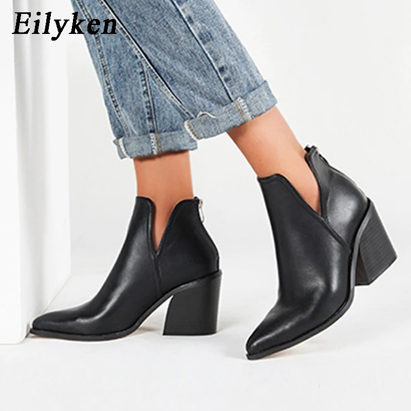 Najtaniej EilyKen jesień zima Casual Western Cowboy botki kobiety wąż Cowgirl botki krótkie kozaki Botas wysokie obcasy buty