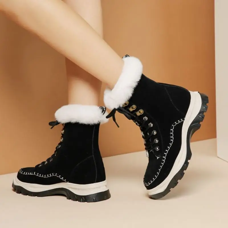 Tuyoki New Real Leather Women Snow Boots Warm Winter Plush Ankle Boots Lace Up Round Toe Leisure Women Footwear Size 34-41
