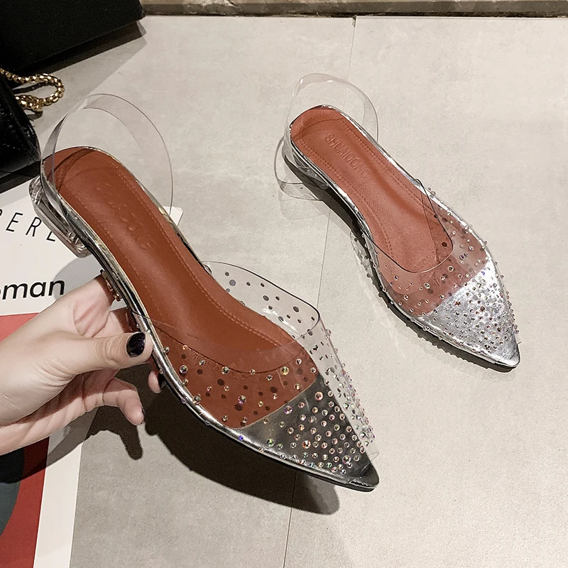 New PVC Transparent Women Pumps Sandals Crystal Mid Heels Pumps Rhinestone Pointed Toe Women Bridesmaid Wedding Shoes s162