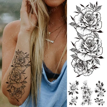 

Waterproof Temporary Tattoo Sticker Peony Rose Flower Flash Tattoos Female Inkjet Geometric Body Art Arm Thigh Fake Tatto Male