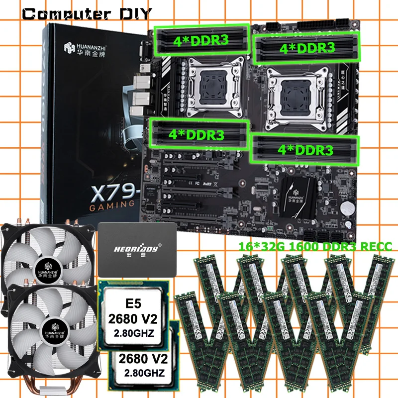 Материнская плата HUANANZHI X79 16D dual с двойным ЦП xeon E5 2680 V2 CPU cooler 240G SATA SSD память 256G(16*16G)