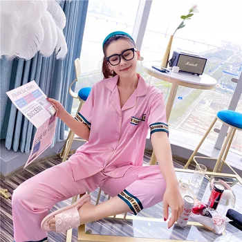 

Summer Short-Sleeved Trousers Women Pajamas Silk Cardigan Instagramable Pajamas Loungewear ethika women set 2 piece Home Clothes