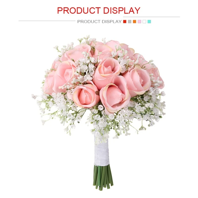 Handmade 18PCS Artificial Babysbreath Rose Bridal Wedding Bouquet With White Ribbon Real Touch For Wedding Home Party DIY Decor