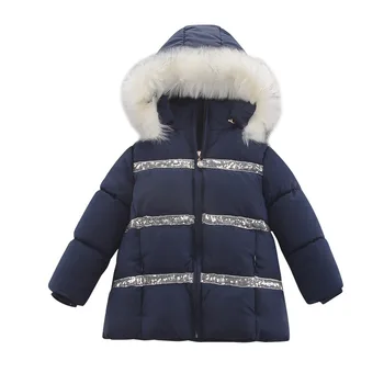

INS HOT Girls' Winter Coat 3-9 Years Old Kids Cotton Padded Jackets Warm Thick Velvet Down Jacket Hooded Lace Sequins Decoration