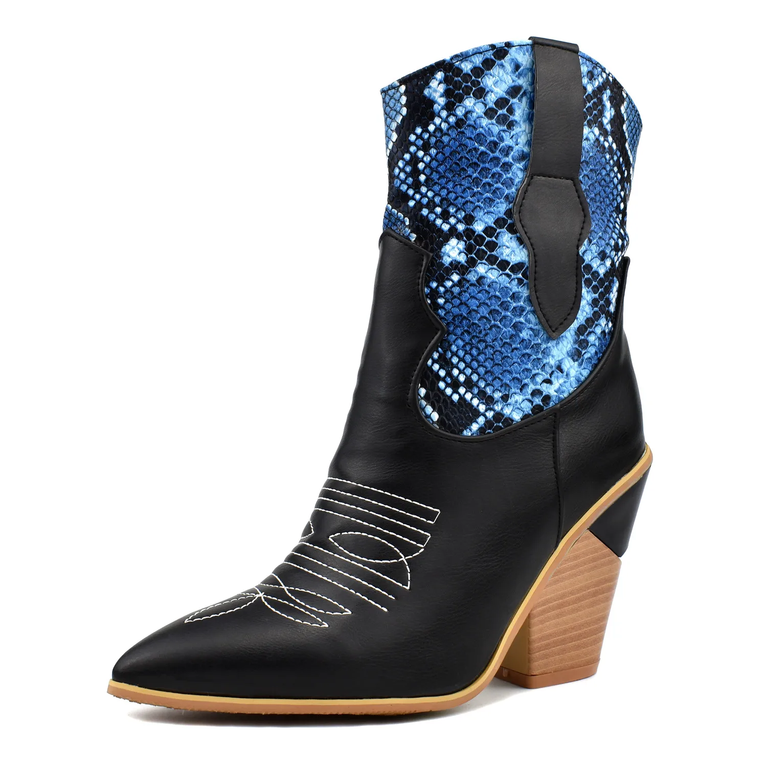 

Classic Mixed Colors PU Leather Cowboy Ankle Boots Women Wedge High Heel Booties Snake Print Western Cowgirl Boot 2019 Female