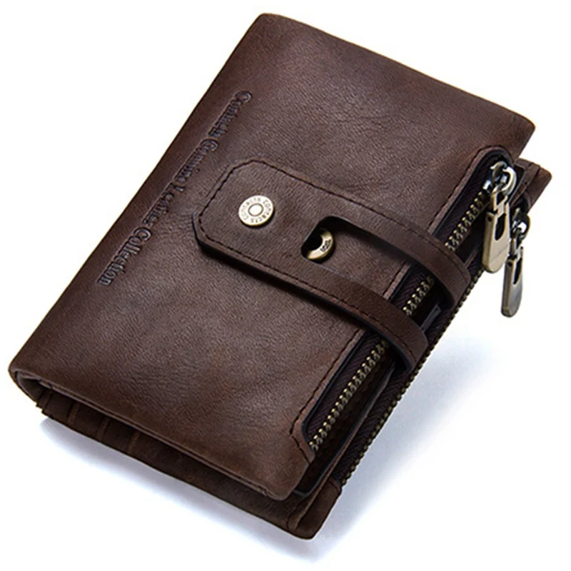 1 PC Vintage Men Genuine Leather Wallet Double Zipper First Layer Leather Wallet Coin Pocket Wallet Male Purse Wallet Dropship