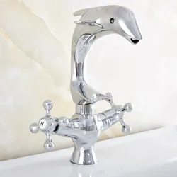 Polished Chrome Brass Swivel Spout Dual Cross Handles Cute Animal Dolphin Style Bathroom Kitchen Sink Faucet Mixer Tap msf852