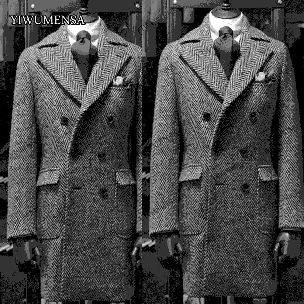 Woolen Men Coat Double Breasted Men Suits Tuxedos Peaked Lapel Blazer Long Suit