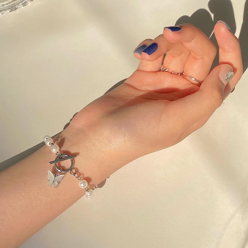 Fashion Silver Color Chain Bracelet Cute Acrylic Butterfly Pendant for Women Bohemian Pearl Bracelet Bangles 2021 Trend Jewelry - Image 3