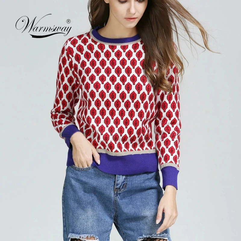 Las mujeres nuevo Vintage hoja de Jacquard cálido suéteres de manga larga o-Cuello Lurex jerséis de Navidad de punto otoño Tops Retro C-014