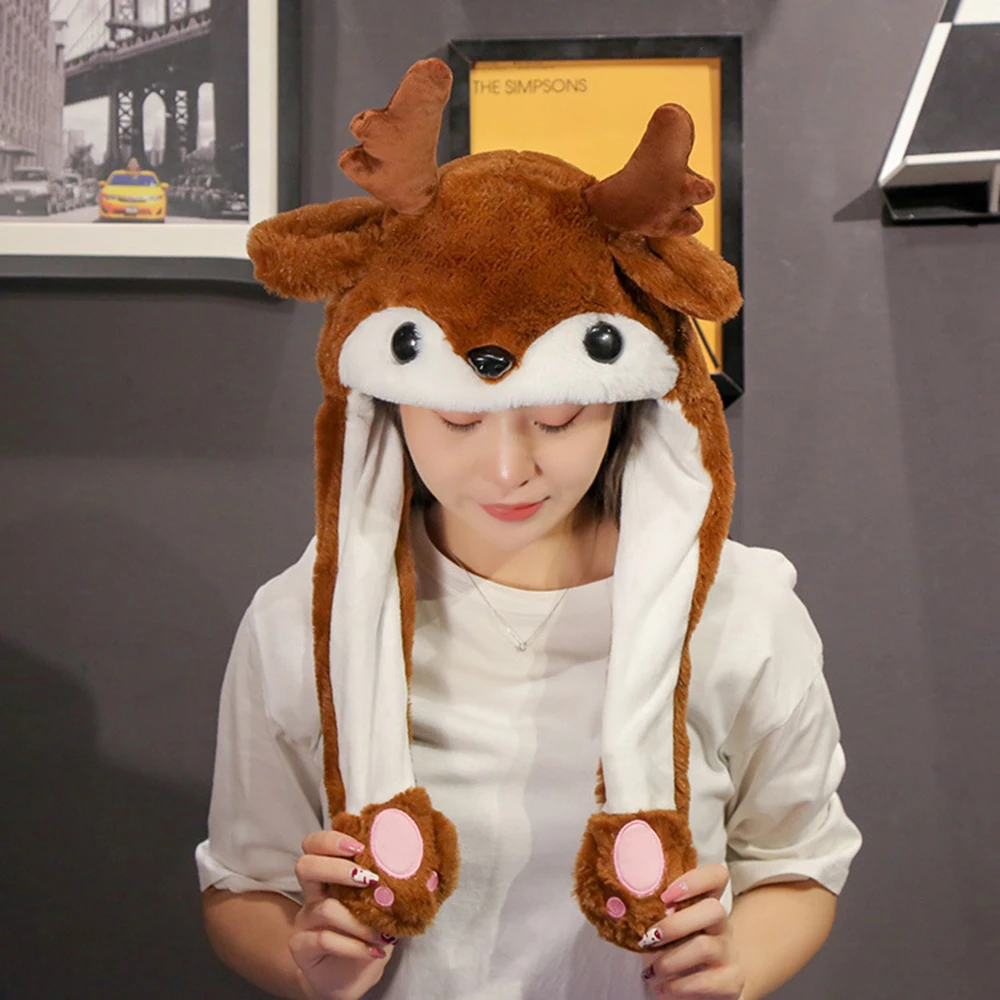 

Cute Christmas Hat With Moving Ears LED Flash Light Plush Cap For Kids Adult New Year Xmas Gift Christmas Decorations For Home