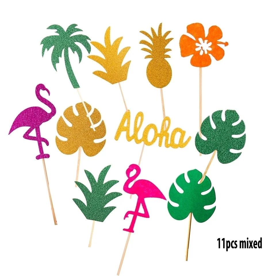 1Set Flamingo Pineapple Palm Cupcake Toppers Aloha Toppers Summer Pool Party Wedding Birthday Baby Shower Decorations Supplies