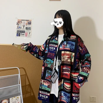 

Long Sleeve Lapel Plus Size Couple Shirt Men Women Print Streetwear Japan Hip Hop Harajuku Loose Sunscreen Shirt Cardigan 7130