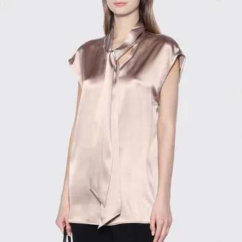 

Fashion Women Pink Satin Top New 2020 Spring Summer Blouse Short Sleeve Lace Halter Neck Soft Smooth Female Casual Bottoming Top