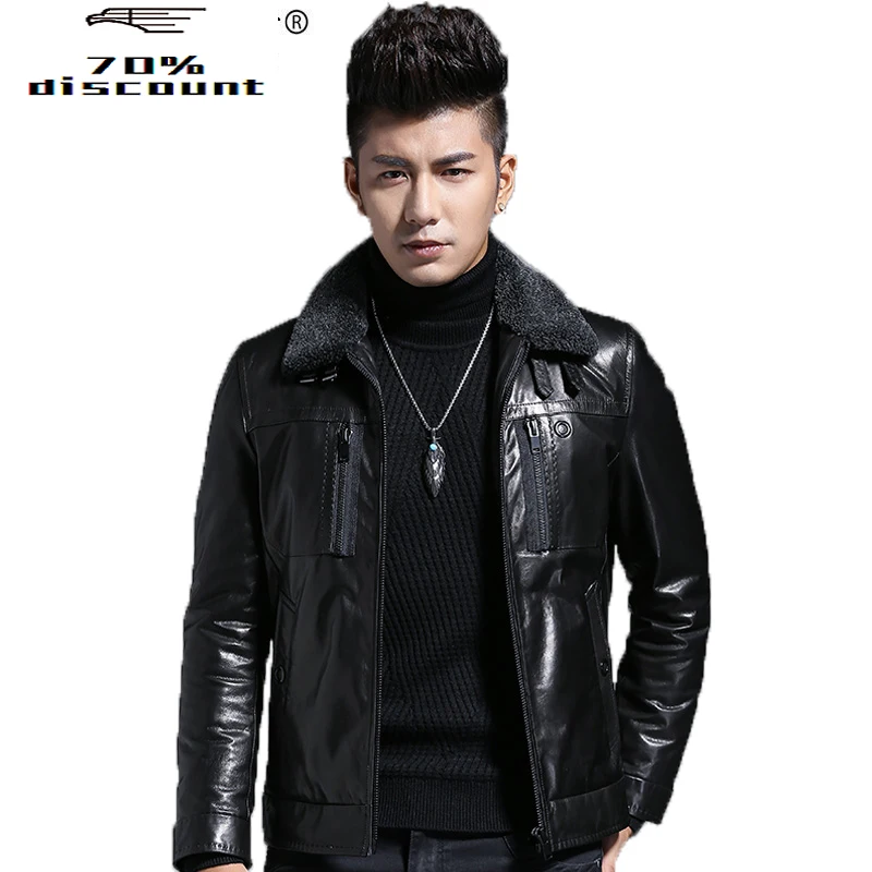 

Genuine Leather Jacket Autumn Winter Goatskin Leather Coat Men Down Jacket Wool Collar Short Bomber Jacket 20902 KJ2266