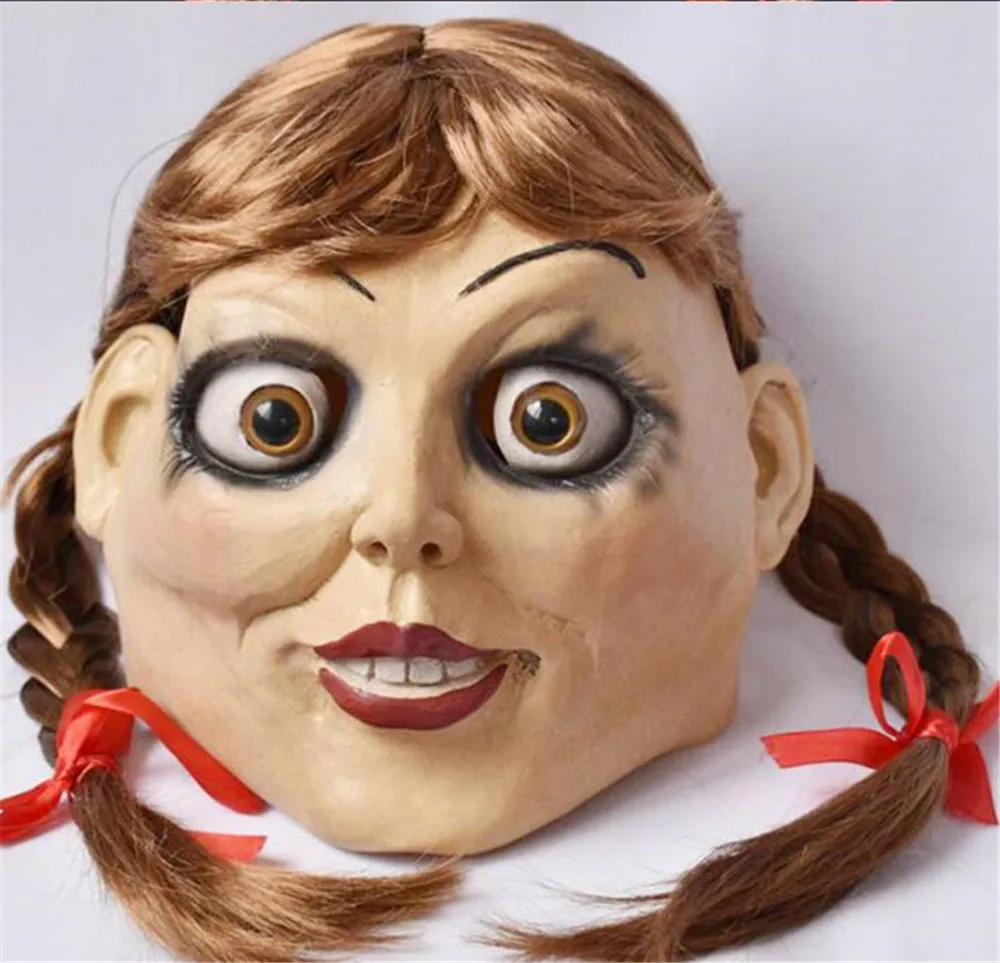Фильм Annabelle поставляется дома Маскарадная маска латекс страшная кукла Полный головной убор для взрослых костюмы на Хэллоуин Опора головной убор
