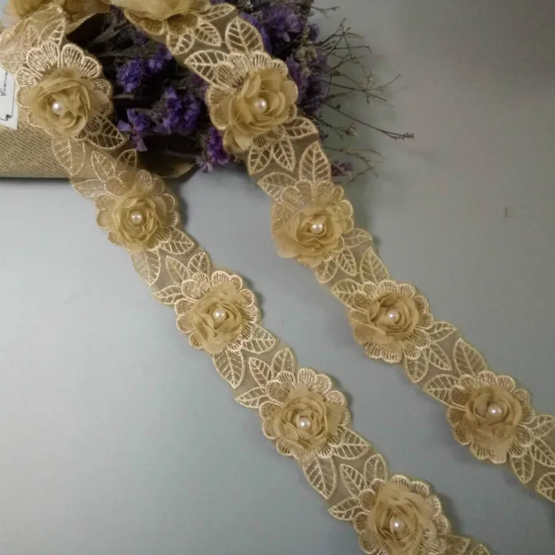 

1 yard Soluble Gold Diamond Flower Floral Embroidered Lace Trim Applique Fabric Lace Ribbon Sewing Craft For Costume Hat 2019