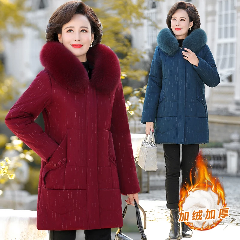 

Middle Aged Mom's Cotton Padded Coat Winter Plus Velvet Thickened Warm Parkas Fur Coller Long Women Jacket Wadded Female Basic