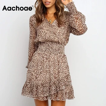 

Lady Fashion V Neck Leopard Dresses Transparent Long Sleeve Mini Dress Women Ruffles Elastic Waist A Line Chiffon Dress Vestido