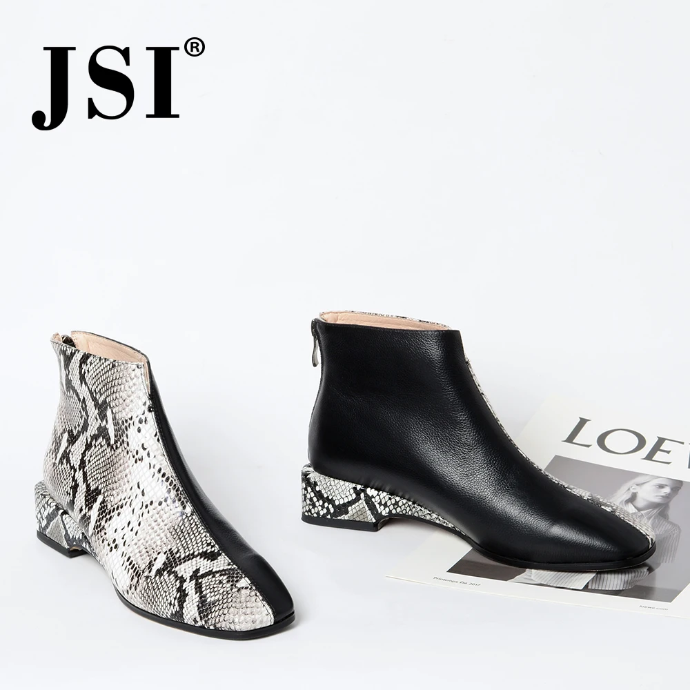 

JSI Warm Fashion Winter Ankle Boots Woman Low Square Heel Snakskin Woman Round Toe Patchwork Genuine Leather Lady Shoes JO292