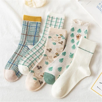 

Women Socks Cotton Funny Cute Cartoon Lattice tree Animal rabbit Graphics Japanese Harajuku skateboard soft Sox