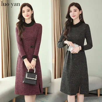

2020 Vintage 3XL Plus Size Solid Long Sleeve Dress Autumn Winter Knitting Cotton Midi Dress Elegant Women Bodycon Party Vestidos