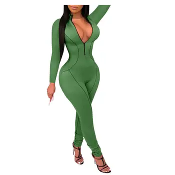 

Sexy Skinny Fashion Jumpsuit For Women Solid Color V-Neck Belted Long Sleeve Party Club Rompers Combinaison Femme 2020 Hot Sale