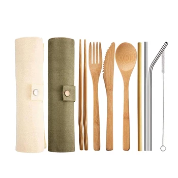 

2 Sets Bamboo Travel Cutlery Set,Portable Camping Cutlery Set Flatware Set with Knife,Fork,Spoon,Straw and Travel Pouch