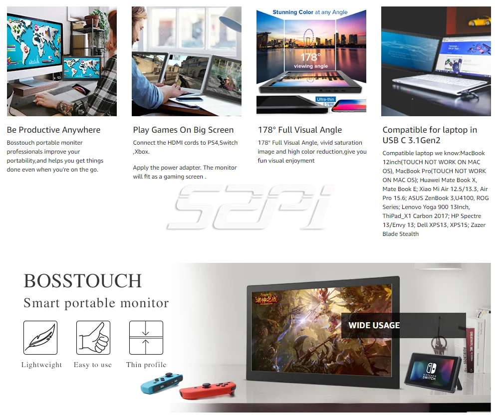 52Pi 15,6 дюйма 1920 × 1080 Портативный монитор с сенсорным экраном Full HD ips 60 Гц игровой монитор сердечного ритма Смарт Чехол 2xusb-Тип-C/Mini HDMI и DP Порты и разъёмы