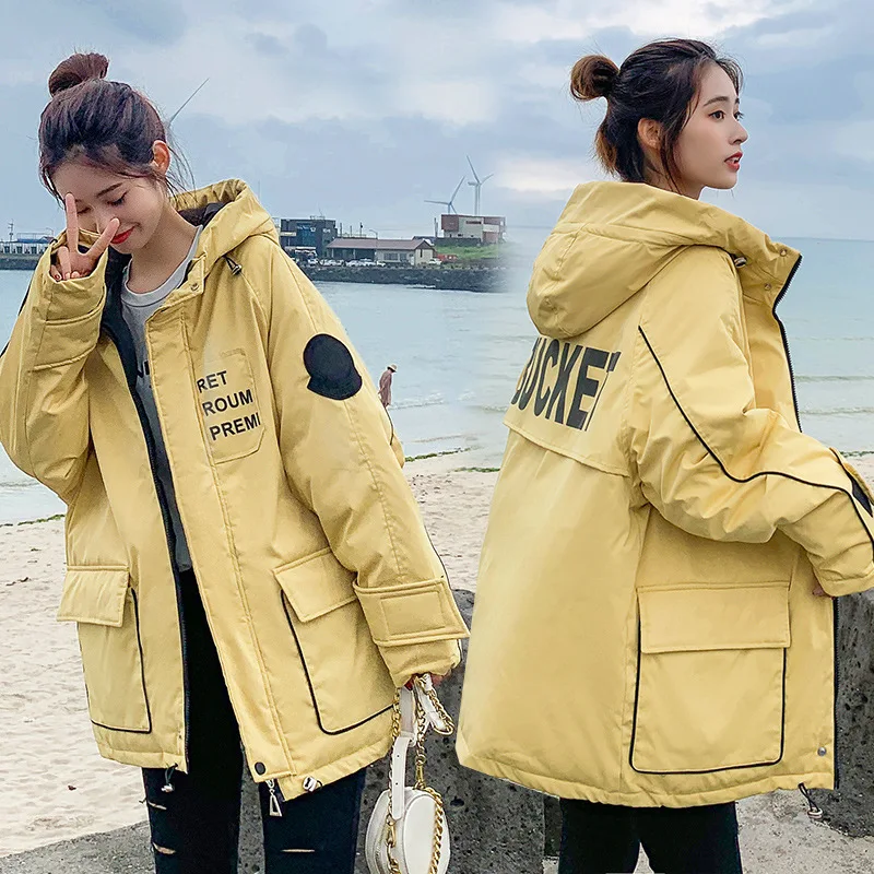 

2019 Winter New Style Casual Warm Cotton Coat Women's Korean-style INS Workwear Coat Middle School Students Hooded Cotton-padded