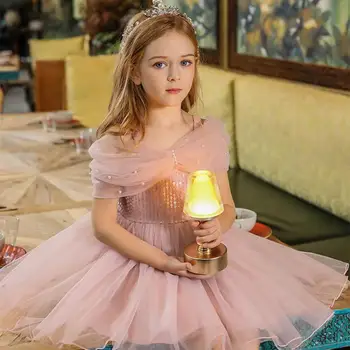 

Summer Kids Girls Children Dress Pearl Bow Neck Irregular Hemline Out Off Shoulder Sling Princess Sequins Princess Mesh Dresses