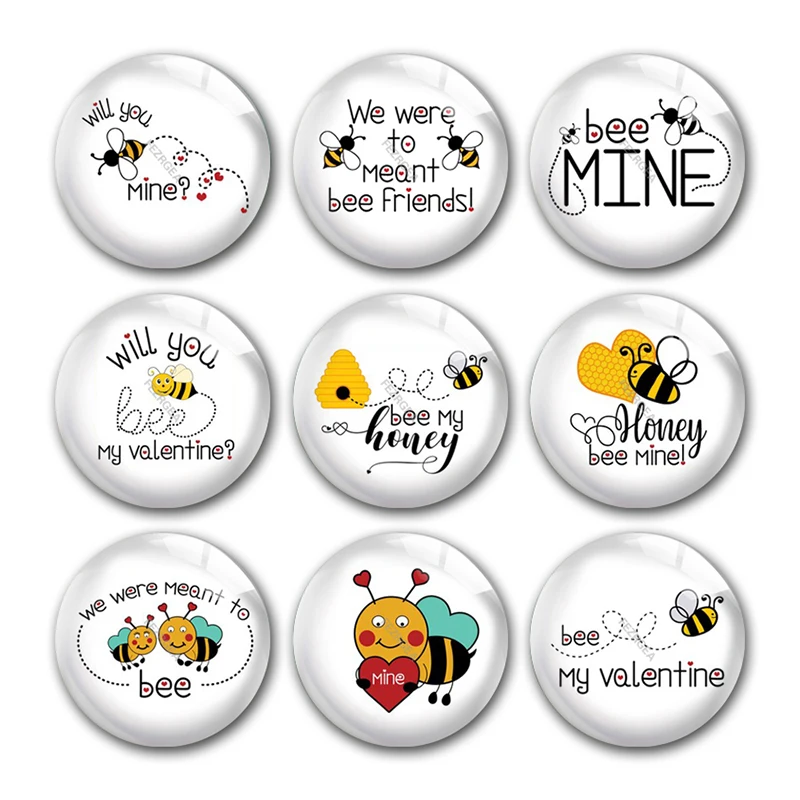 

Valentine's Day Bee Mine Honey Round Photo Glass Cabochon Demo Flat Back For DIY Jewelry Making Finding Supplies Snap Button