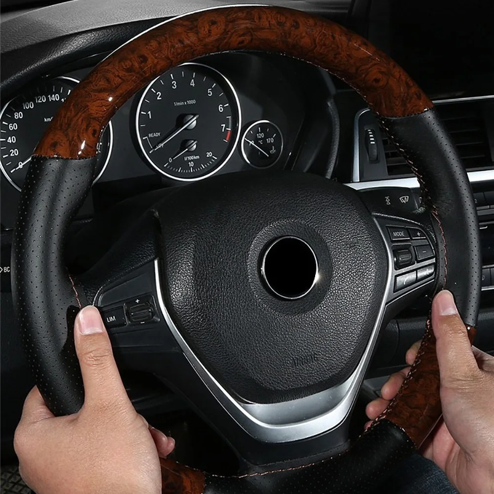 38cm Wooden Pattern Micfiber Leather Car Steering Wheel Cover Braiding Wheel Cover With Needle and Thread