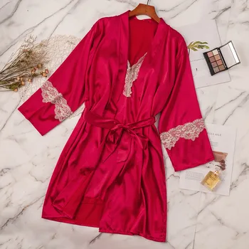 

2020 New Style Women Satin Lace Silk Pajamas Set Solid Female Robe & Gown Sets With Belt + Chest Pad Nightdress Lingerie #3