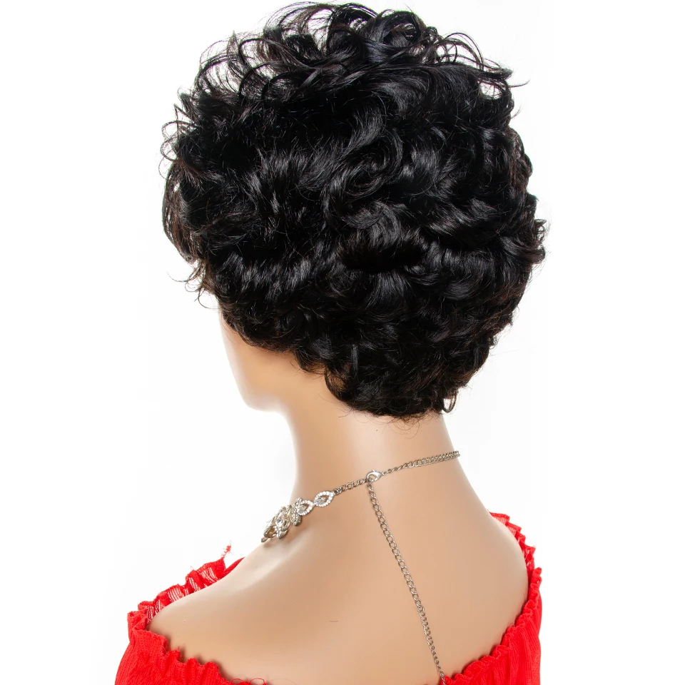 Short Human Hair Wigs Pixie Cut Wig With Bangs Brazilian Loose Curly Full Machine Made Wigs For Women Remy Hair 0051